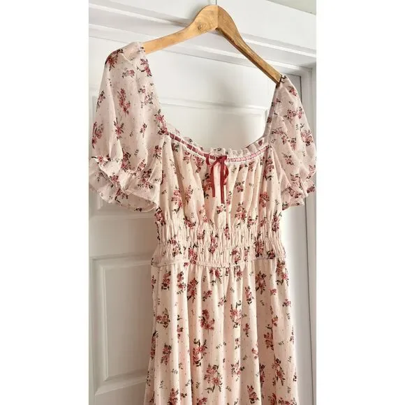Francesca’s Ella Ditsy Floral Puff Sleeve Midi Dress Pink Mauve Size Medium - Picture 6 of 6